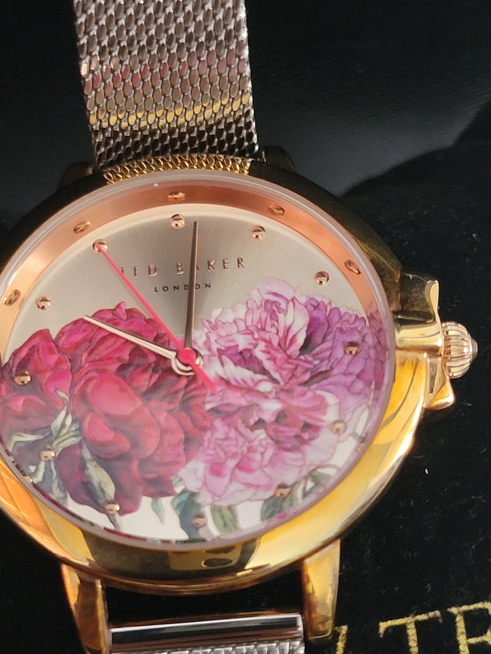 Ted Baker Rose-Print Women's Gold Mesh Bracelet Watch - Pink Floral Dial